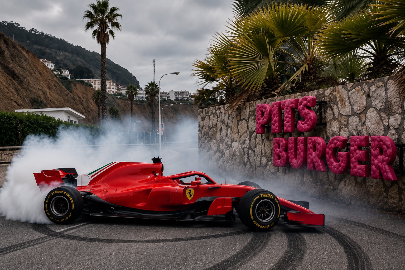 Un Fórmula 1 haciendo un trompo frente al letrero de Pits Burger